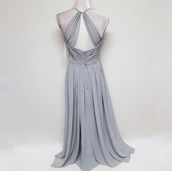 KANALI K Dove Grey Chiffon Pleated Surplice Neckline Empire Waist Maxi Dress 6 - Picture 4 of 14